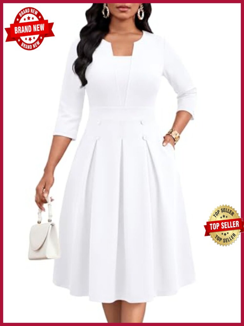 FANDEE 95% Polyester 5% Elastane Midi A-Line Dress with Pockets